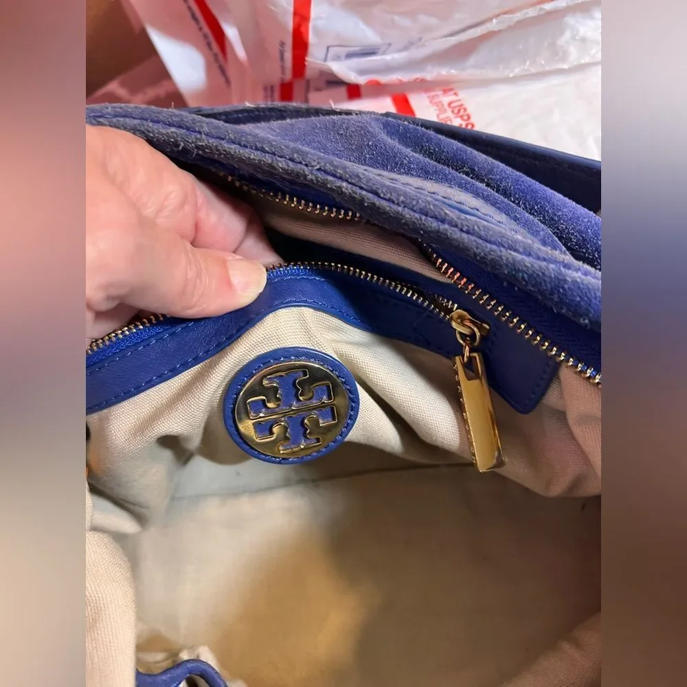 Tory Burch Suede Blue Hobo Bag leather trim gold tone hardware zip top classic